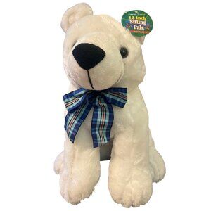 12 Inch Sitting Pals Plush White Polar Bear With Blue Plaid Bow NWT
